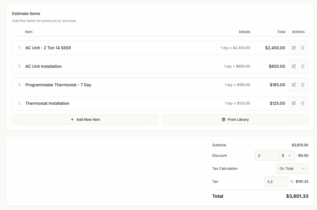 Estimate preview showing total and status