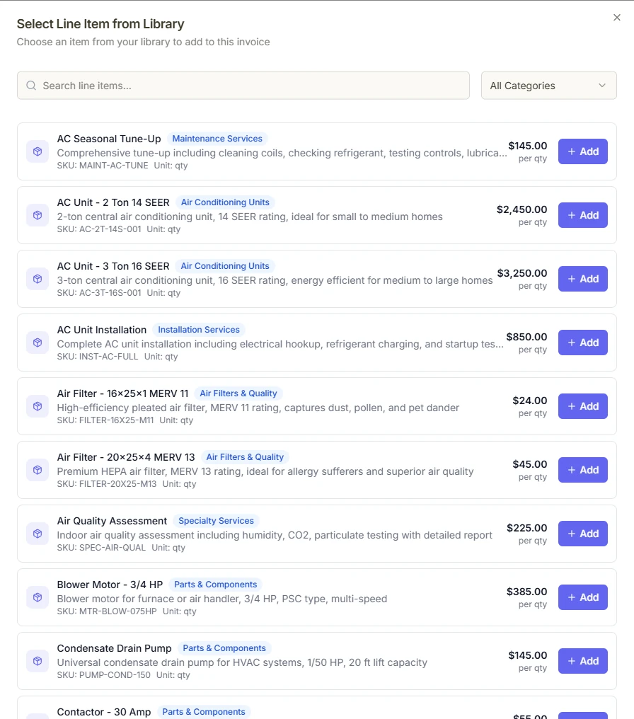 Line item library with saved products and services